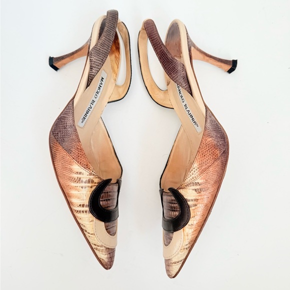 Manolo Blahnik Brown Tan Snakeskin leather embossed carolyne slingback pumps 38 - Picture 3 of 8